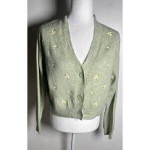 MNG Mango Green Knit Blend Medium V-Neck Button-Up Floral Embroidery Cardigan‎